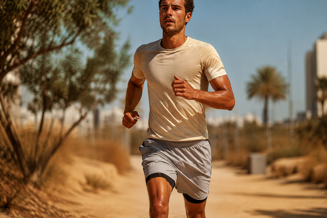 Illustration of an athlete running in technical shorts under the summer sun, representing heat-ready workout gear