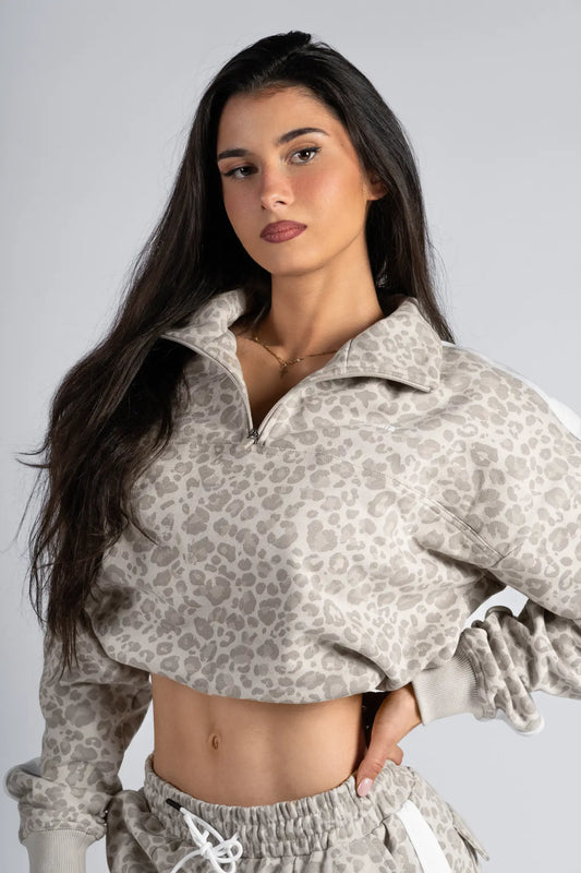 NEBBIA 866 Cream Leopard Half-Zip Leopard Sweatshirt | PRIMAL