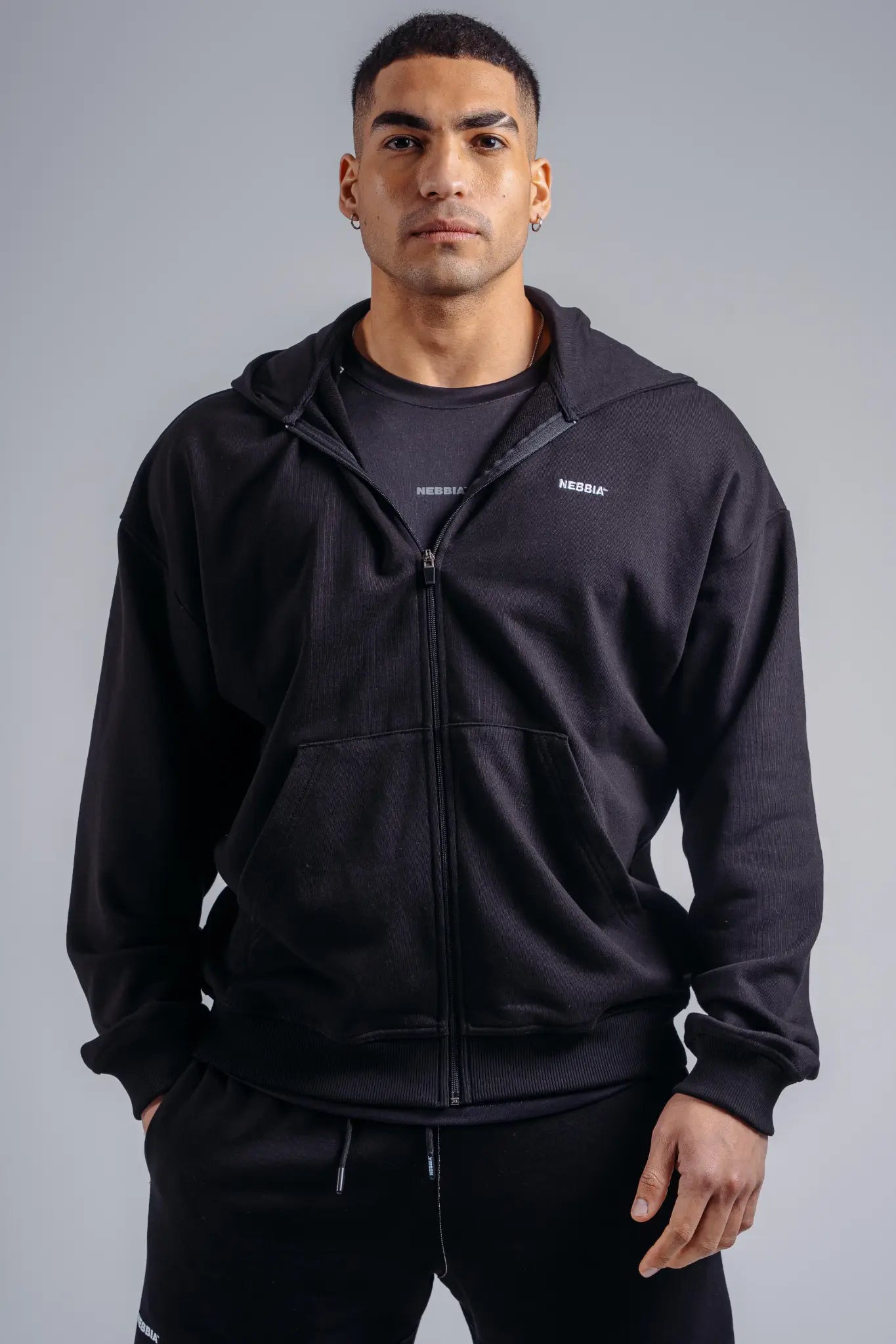 NEBBIA 884 Black Zipper Hoodie with Embroidery | PRIMAL