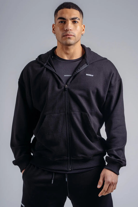 NEBBIA 884 Black Zipper Hoodie with Embroidery | PRIMAL