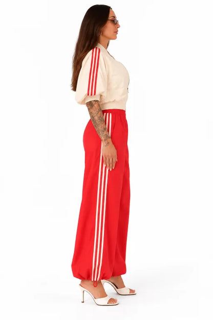 LUMINA women's red and cream two-piece tracksuit – side view