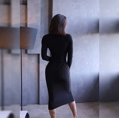 Black Bodycon Midi Dress – Elegant Slim - Fit Evening & Cocktail Dress - AlisiiaKholli