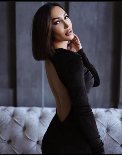 Elegant Black Backless Suede Mini Dress — Sophisticated Party Wear - AlisiiaKholli
