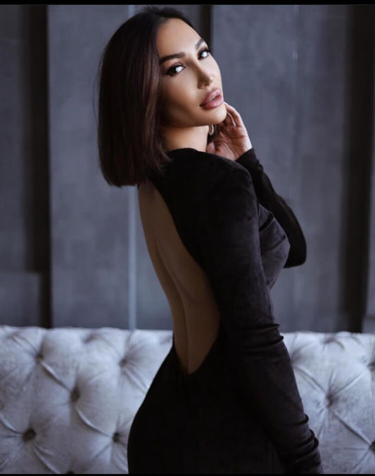 Elegant Black Backless Suede Mini Dress — Sophisticated Party Wear - AlisiiaKholli