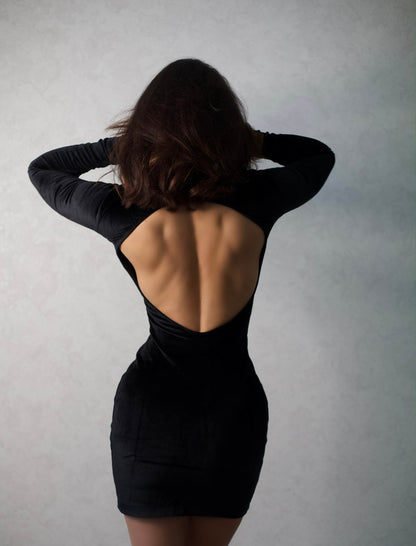 Elegant Black Backless Suede Mini Dress — Sophisticated Party Wear - AlisiiaKholli