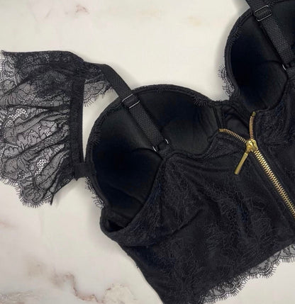 Lace - Trimmed Black Bustier Crop Top – Luxury French Lace Corset with Premium Riri Zipper - AlisiiaKholli