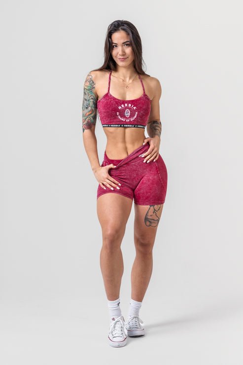 WASHED HIGH WAISTED LEGGINGS SHORTS HERITAGE 780 Red - AlisiiaKholli