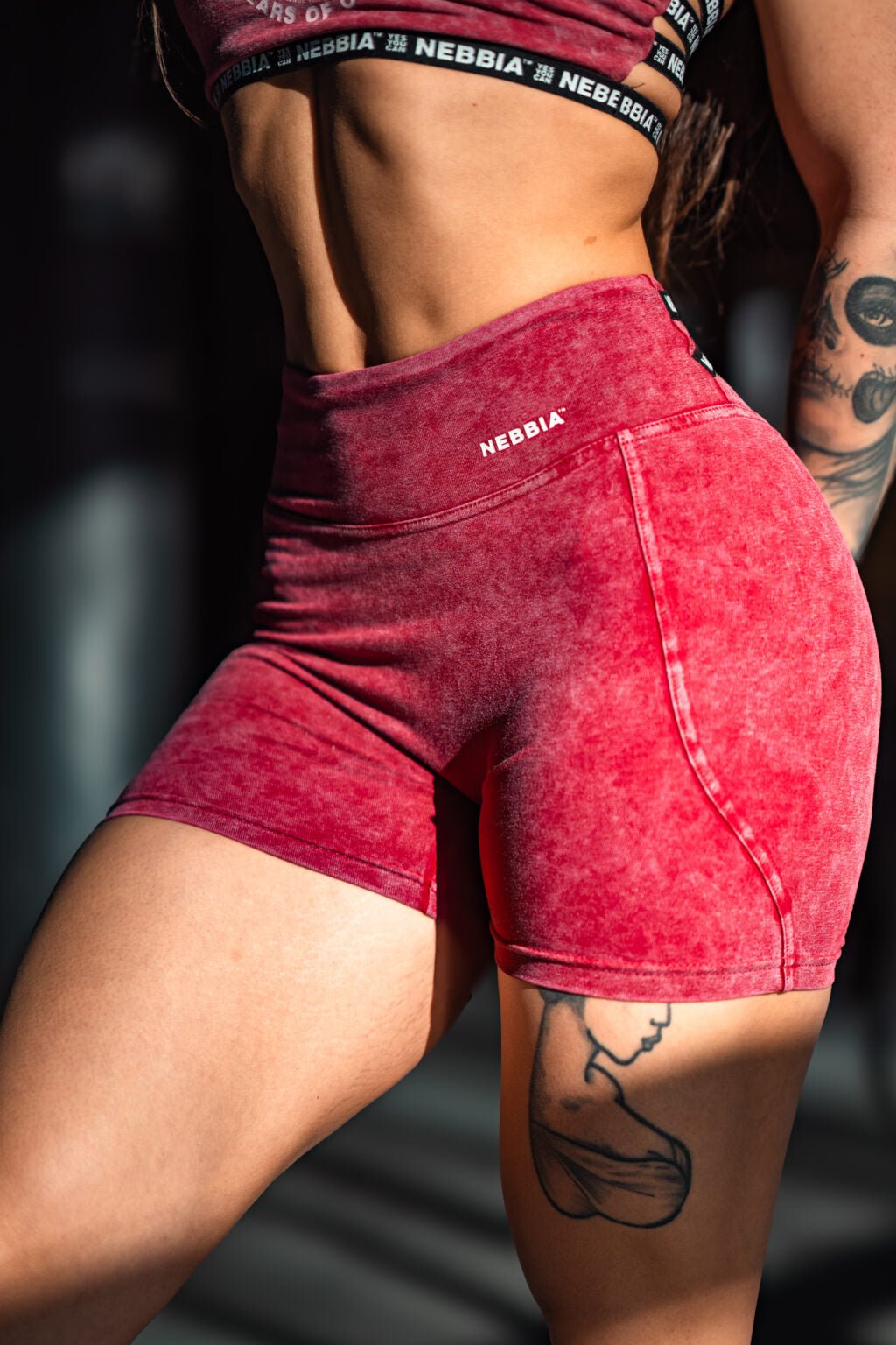 WASHED HIGH WAISTED LEGGINGS SHORTS HERITAGE 780 Red - AlisiiaKholli