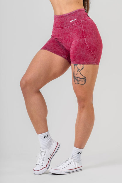 WASHED HIGH WAISTED LEGGINGS SHORTS HERITAGE 780 Red - AlisiiaKholli
